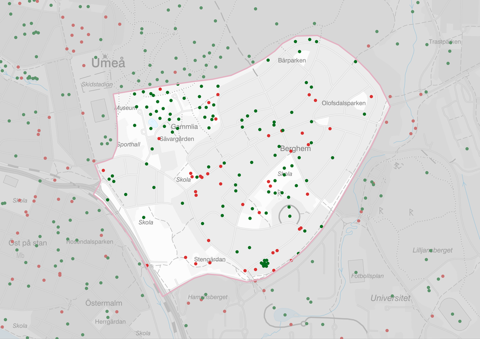 Karta 2: Kartillustration över Berghem och Fridhem som visar var invånarna i Umeå tycker det finns trivsamma och otrivsamma platser. Generellt fler gröna punkter än röda relativt jämnt fördelade över området.