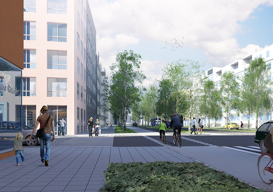 3D illustration över väg 503. En esplanad/stadsgata med breda trottoarer med utrymme för verksamheter i bottenplan.