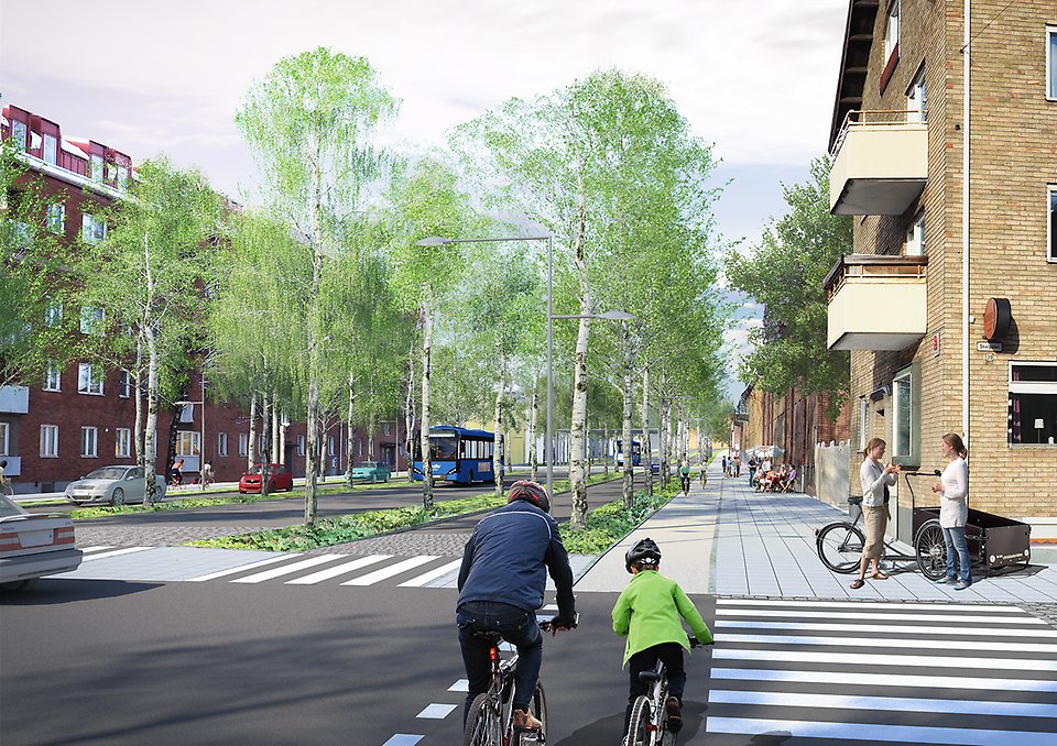 3D illustration som visar Västra Esplanaden. Separat körfält för buss och mer utrymme för cyklister och gående.