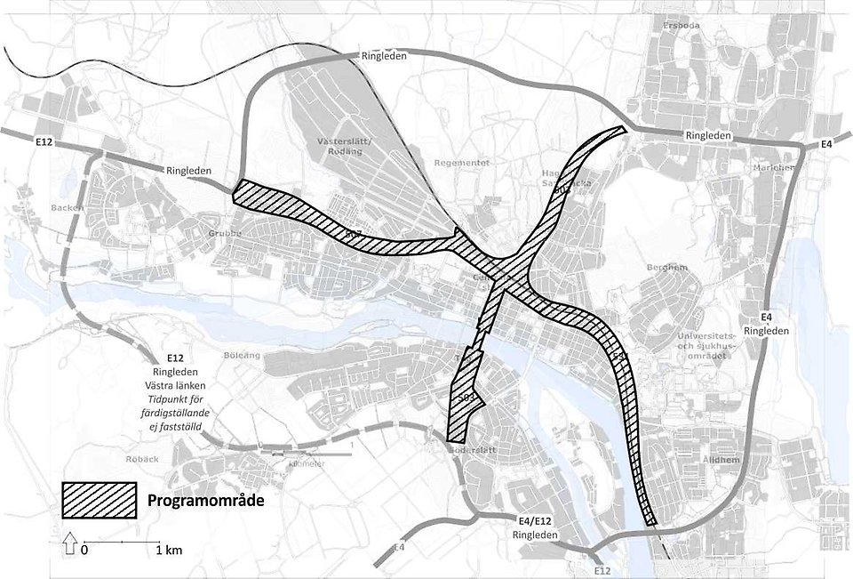 Kartillustration över Umeå stad med ringleden och programområdet är utmärkt.